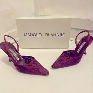 MANOLO BLAHNIK Vintage Ruby Lace Slingback Pumps